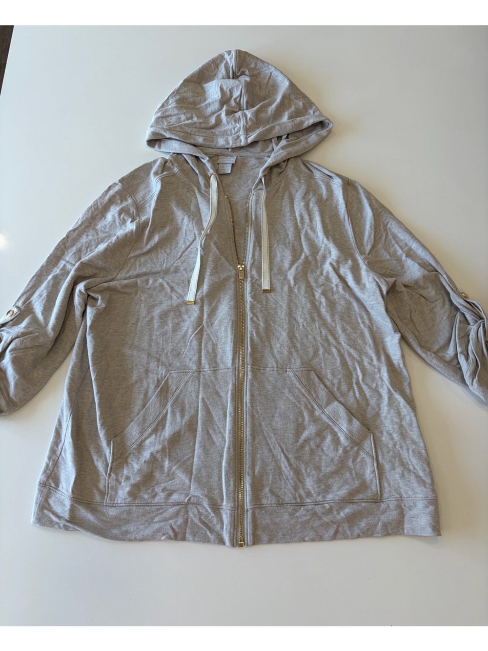 Chico’s Zenergy Light Gray Zip-Up Hoodie with Drawstring Hood